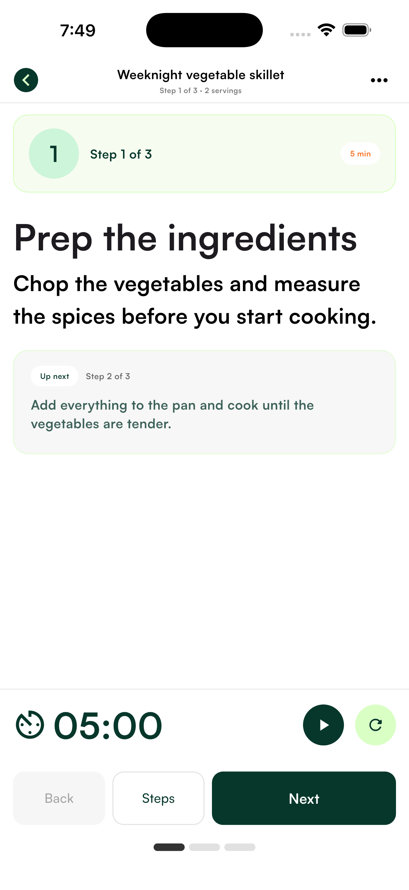 Tasteful guided cooking screen with clear next steps