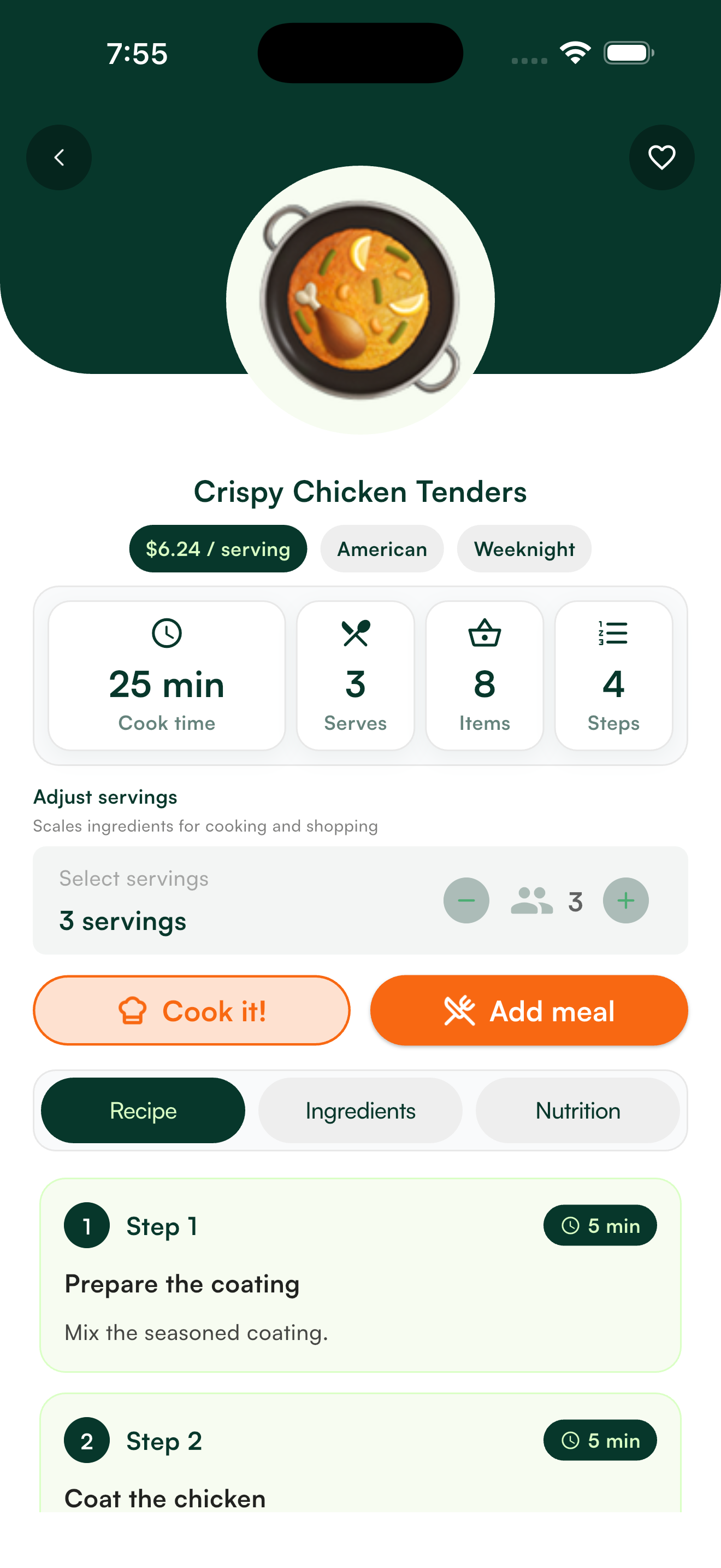 Tasteful recipe screen showing serving cost and meal details